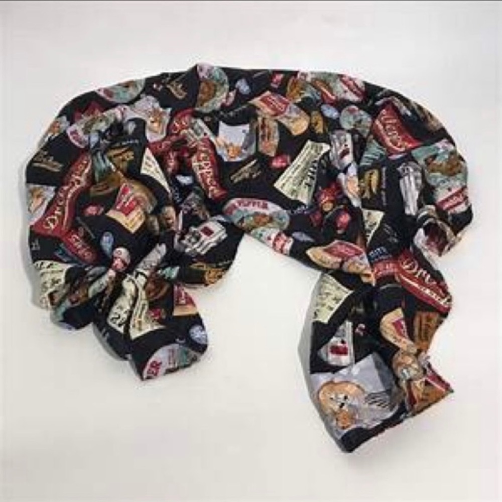 Vintage Nicole Miller 100% silk scarf. Collectible Dr Pepper soft drink design.